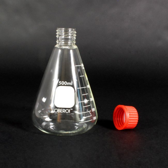 Erlenmeyer Flask with Screw Cap,  Graduated Base Dia.: 105 mm Volume: 500 mL